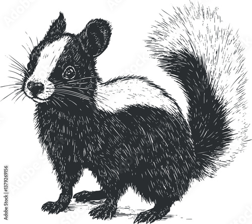 Detailed black and white illustration of a skunk with a bushy tail and distinctive markings.