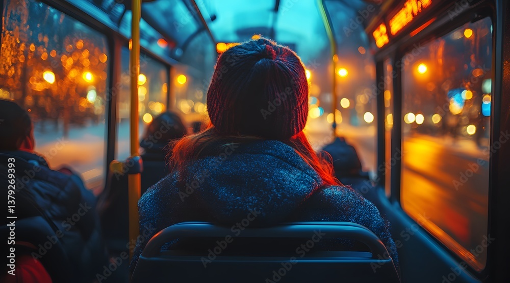 Naklejka premium Interior of a bus showing passengers using public transport for their commute, including workers and students heading home after their day,