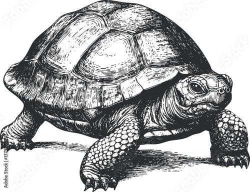 Detailed black and white illustration of a tortoise showcasing its textured shell and features.