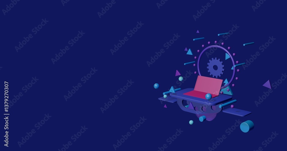 Naklejka premium Pink notebook symbol on a pedestal of abstract geometric shapes floating in the air. Abstract concept art with flying shapes on the right. 3d illustration on indigo background
