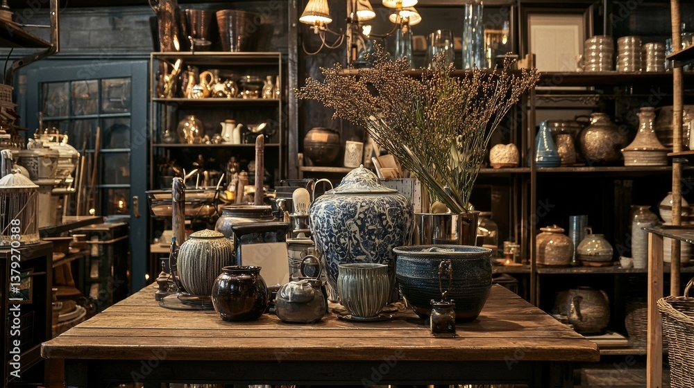 Fototapeta premium Antique pottery and vases displayed in classic workshop