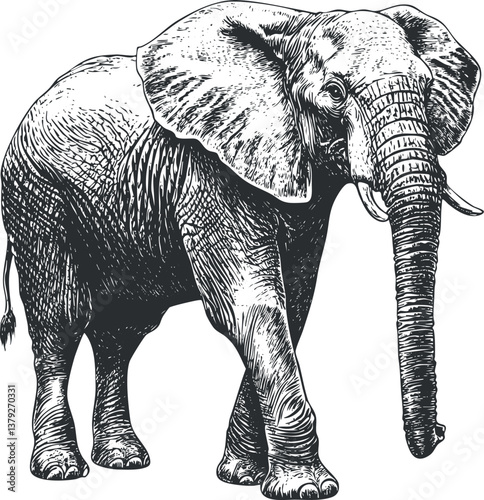 Detailed black and white illustration of an elephant with large ears and long trunk.