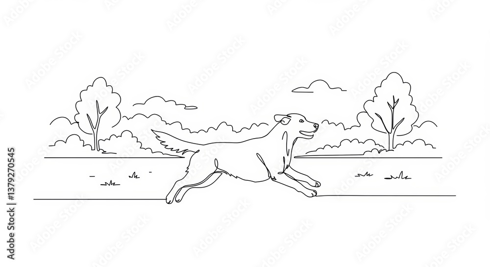 Fototapeta premium Minimalist line drawing of a dog running in a park with continuous line art