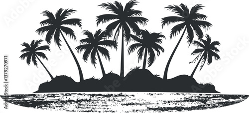 Silhouette of a tropical island with palm trees, conveying a serene and exotic vacation vibe.