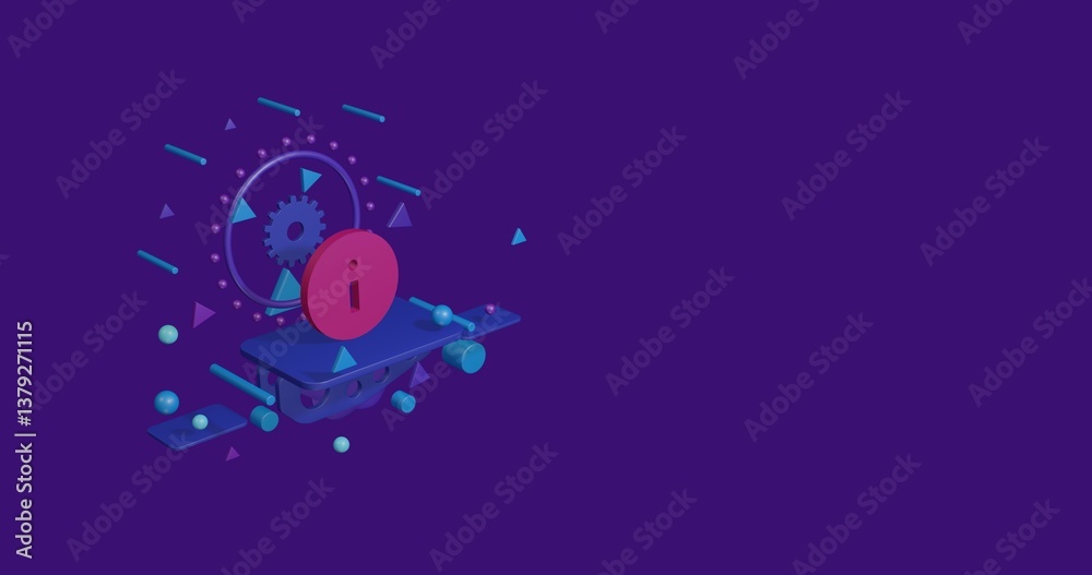 Pink info symbol on a pedestal of abstract geometric shapes floating in the air. Abstract concept art with flying shapes on the left. 3d illustration on deep purple background Pink info symbol on a pedestal of abstract geometric shapes floating in the air. Abstract concept art with flying shapes on the left. 3d illustration on deep purple background
