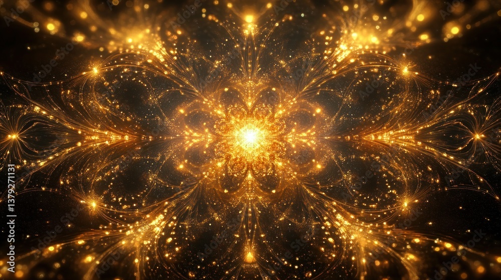Naklejka premium Golden Fractal Mandala Symmetry with Radiant Patterns and Surreal Design
