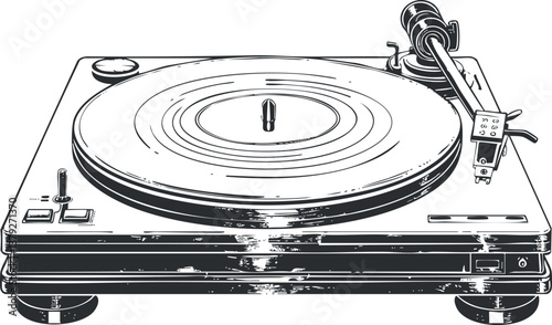 Black and white illustration of a vintage turntable for playing vinyl records.