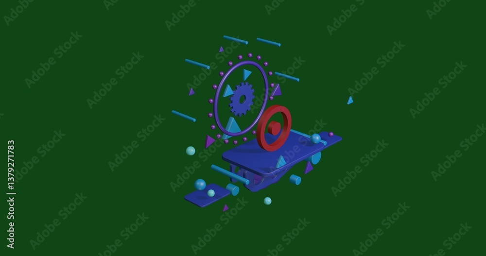 Obraz premium Red astrological sun symbol on a pedestal of abstract geometric shapes floating in the air. Abstract concept art with flying shapes in the center. 3d illustration on green background