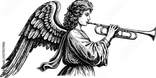 Angel Blowing Trumpet Winged Figure Black and White Vector Illustration
