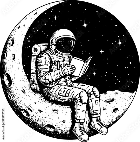 astronaut sitting on a crescent moon and reading book engraving black and white outline
