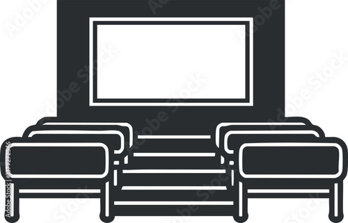 Simple black and white illustration of a cinema hall with seats and a large screen.