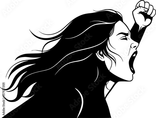 Vector illustration of a woman shouting with her fist raised in the air, strong concept
