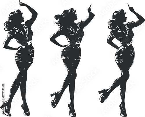 Silhouettes of three elegant women in retro fashion poses, capturing vintage style and grace.
