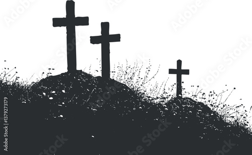 Silhouette of three crosses on hills, symbolizing a religious scene with contrast and simplicity.