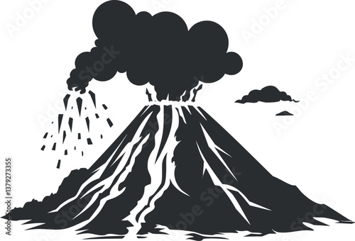 Black and white illustration of a volcanic eruption with smoke and ash clouds.
