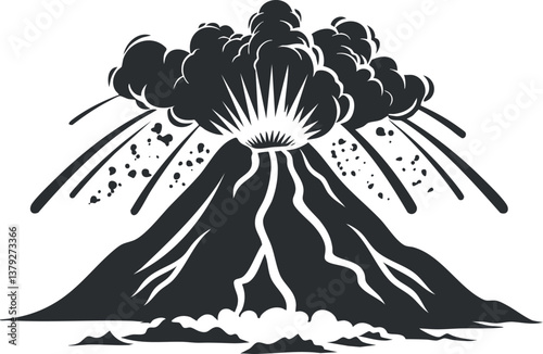 Black and white illustration of a volcanic eruption with smoke and lava clouds.