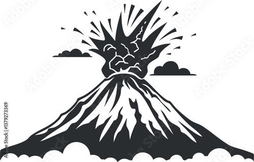 Black and white illustration of a volcano erupting with smoke, ash, and lava.