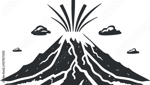 Black and white illustration of a volcano eruption with smoke and clouds.