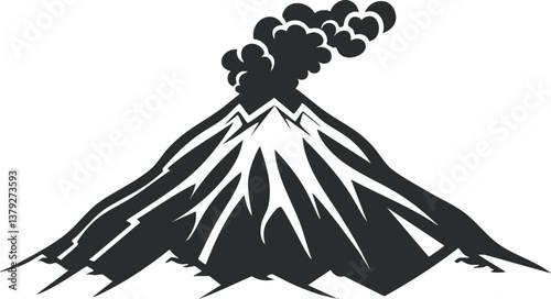 Black and white silhouette illustration of an erupting volcano with smoke and lava.