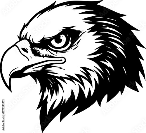 Eagle Head Front View Vector Illustration with Open Beak and Sharp Eyes in Black and White
