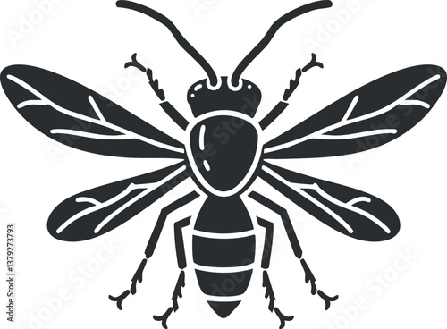 Black and white vector silhouette of a wasp with detailed wings and antennae.