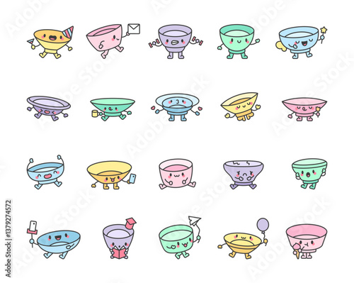 Adorable plate character set showcasing a festive party hat, wineglass, greeting, romantic valentines heart, fun smartphone selfie, and delightful ice cream enjoyment