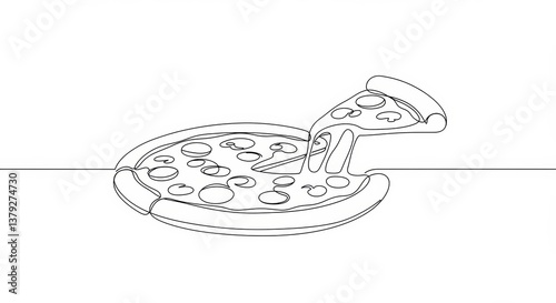 Fototapeta Minimalist pizza drawing with single continuous line in stark white background
