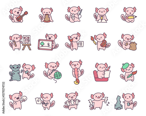 Creative axolotl character drawing sculpting painting making crafts with tools materials and joy for artistic funny design illustrations