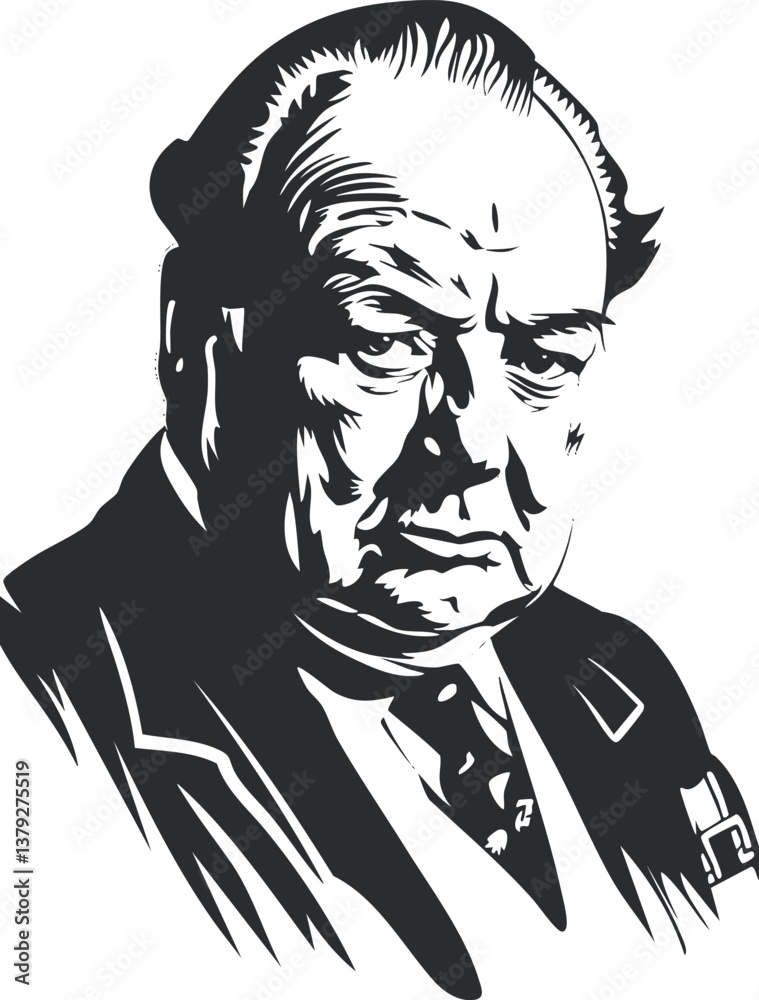 Monochrome illustration of a distinguished man in a suit with a stern expression. Monochrome illustration of a distinguished man in a suit with a stern expression.