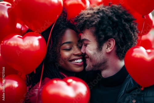 Valentine's day, lovers couple: stunning bold image of loving interracial young lovers. Sign of love and affection. Commercial commercial visual design idea. Beautiful love story. Love story.