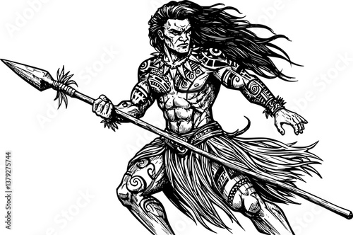 powerful Maori tribe warrior, standing tall, wearing traditional tribal attire made of woven materials
