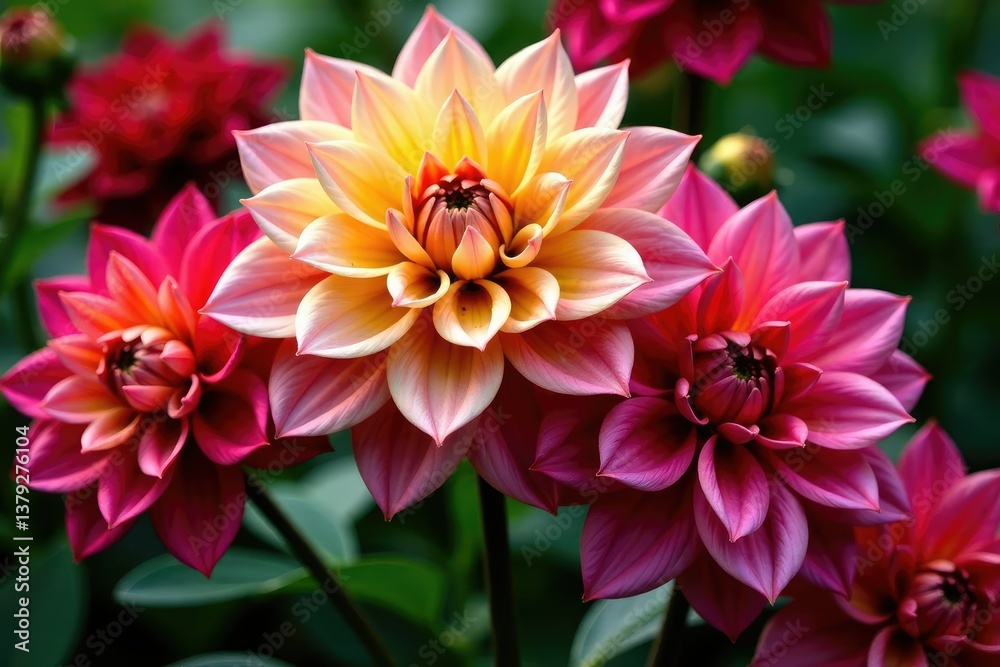 Fototapeta premium Intricate dahlia blooms, vibrant petals, lush foliage , pink, orange