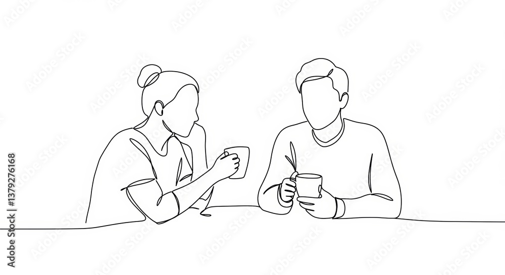 Minimalist line drawing of a couple enjoying coffee together in continuous style Minimalist line drawing of a couple enjoying coffee together in continuous style