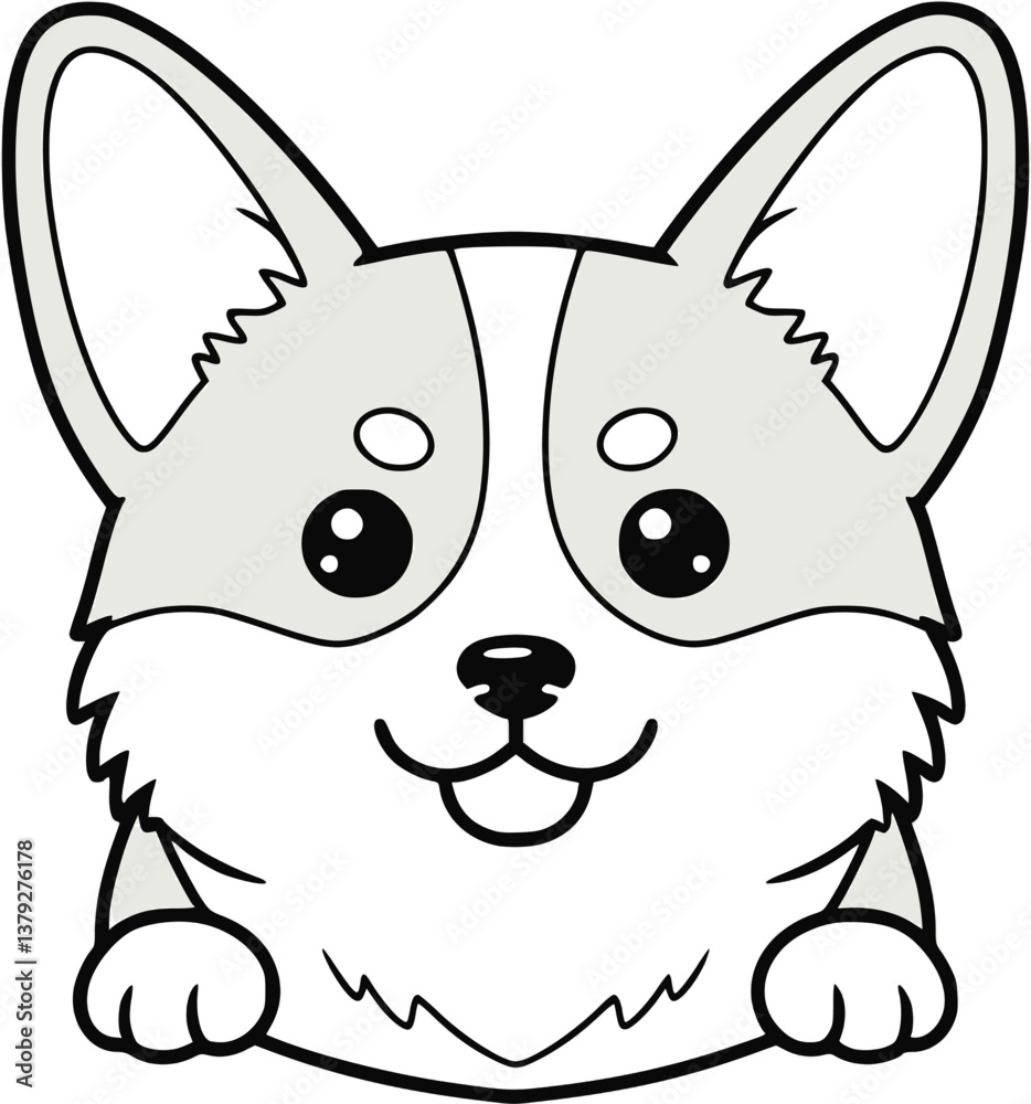 Obraz premium Cute Corgi Puppy with Front View Sitting Smiling and Happy with Detailed Black and White Vector 