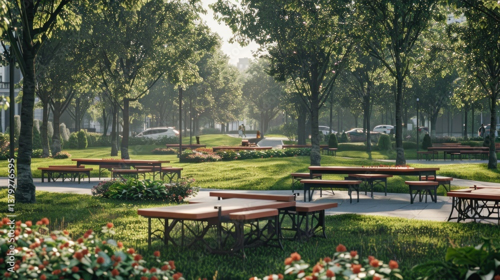 Obraz premium Serene Park Scene with Picnic Tables and Lush Greenery