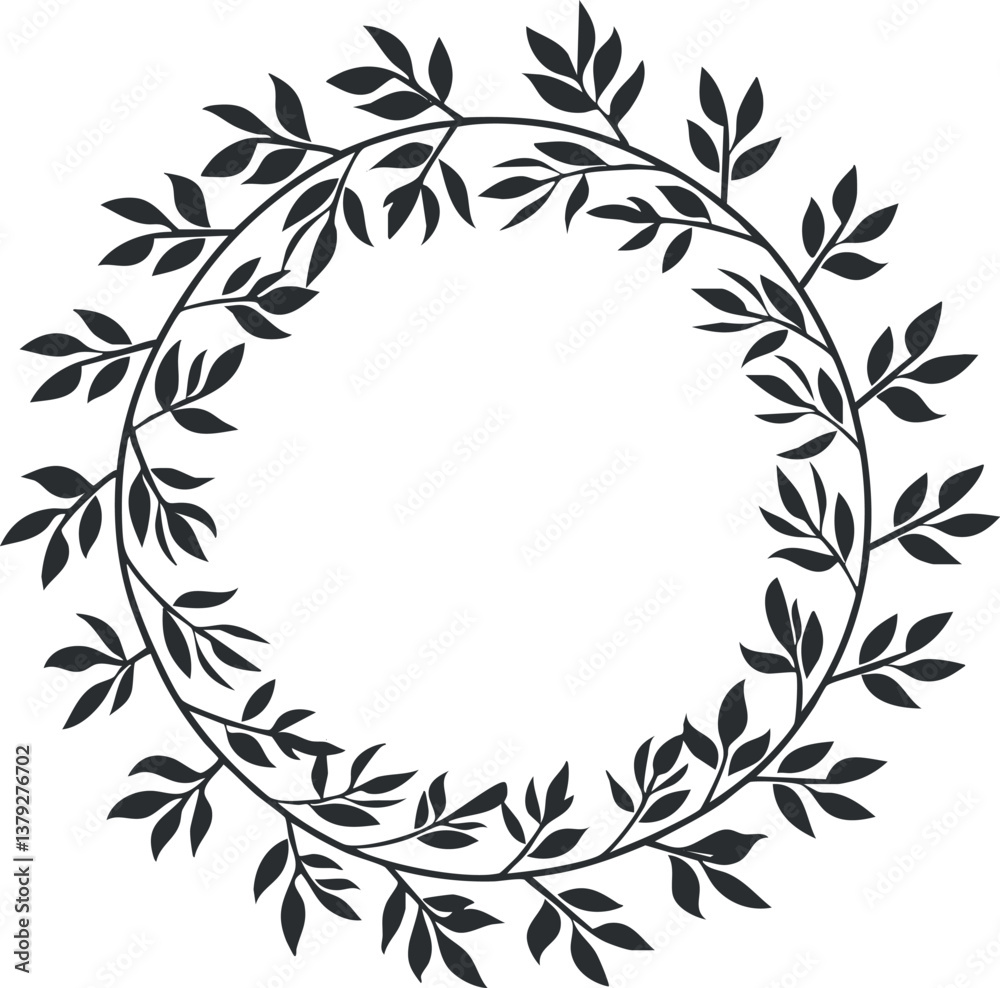 custom made wallpaper toronto digitalBlack and white silhouette of a circular wreath with leaves, perfect for decorative design.