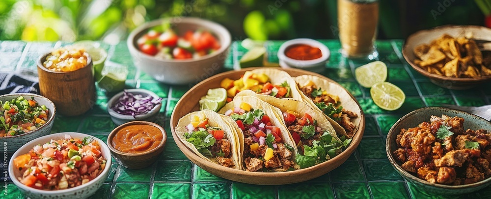Fototapeta premium Mexican Taco Party Feast with Beef Tacos, Fresh Ingredients, Salsa, and Communal Dining Experience