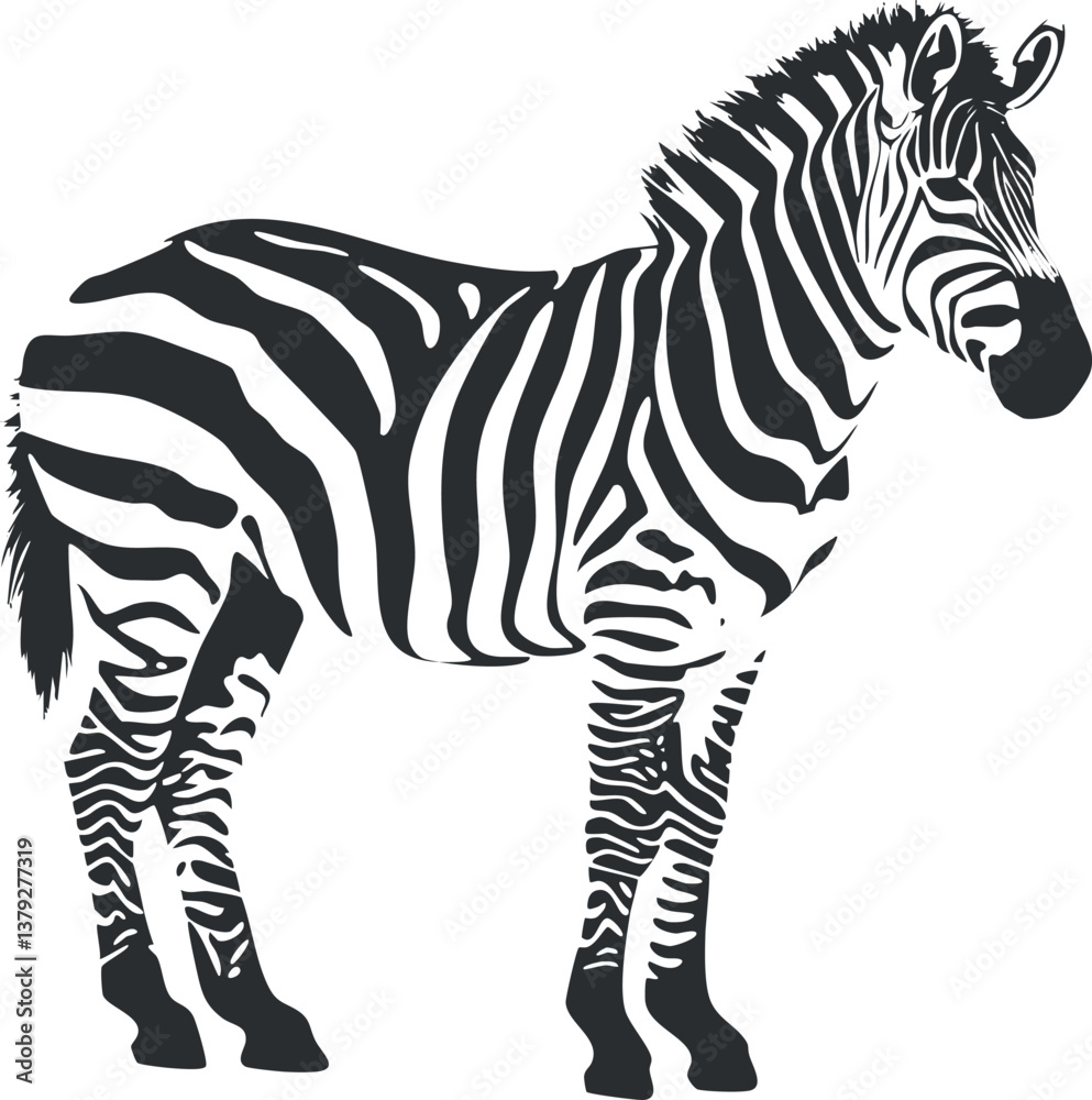 Obraz premium Monochrome illustration of a zebra with distinctive black and white stripes, standing in profile.