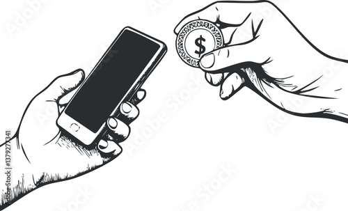 Illustration of hands exchanging a smartphone and a cryptocurrency coin, symbolizing digital transactions.