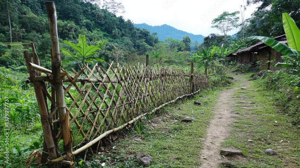 An unfinished woven bamboo fence with some strips still loose An unfinished woven bamboo fence with some strips still loose