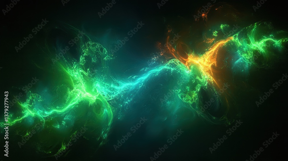 Abstract fractal energy flow with glowing green and blue waves and crystal shapes in a fantasy light background Abstract fractal energy flow with glowing green and blue waves and crystal shapes in a fantasy light background