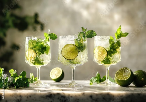 Refreshing Sparkling Cocktail with Fresh Mint and Lime in Elegant Glasses on Marble Counter