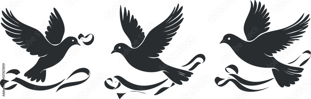 Fototapeta premium Illustration of three flying dove silhouettes with ribbons representing peace and freedom.