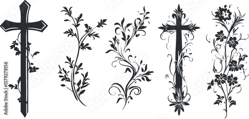 Black and white floral cross designs with intricate patterns and ornate decorative elements.