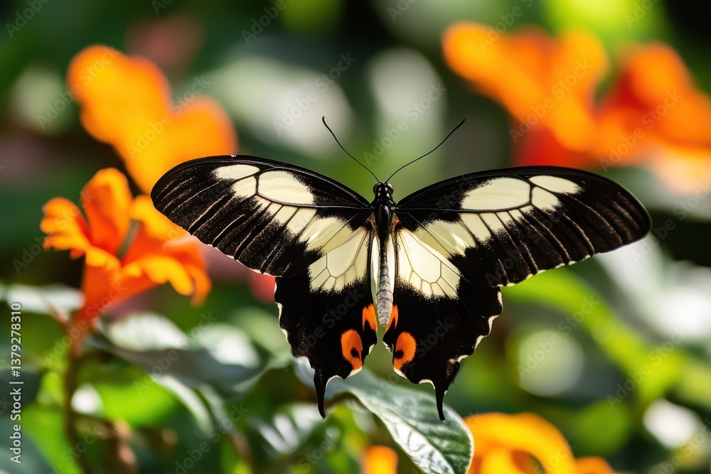 Fototapeta premium Butterfly on green leaf in flowers