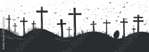 Silhouette of a cemetery with crosses, birds, and grass in a peaceful, minimalist design.
