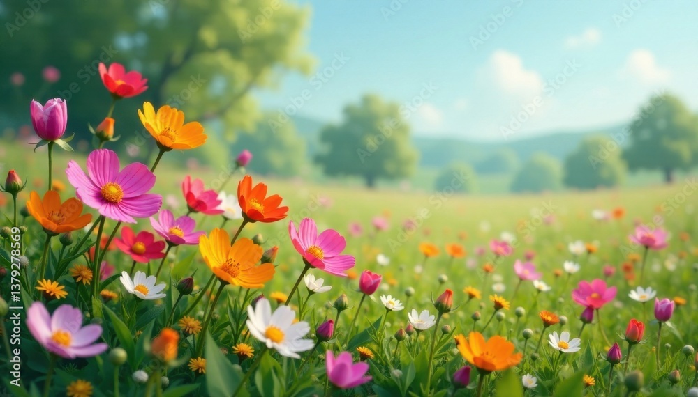 Naklejka premium cluster of flowers in meadow, flowers, garden, field