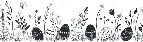 Black and white Easter egg and floral pattern illustration with decorative elements for spring.