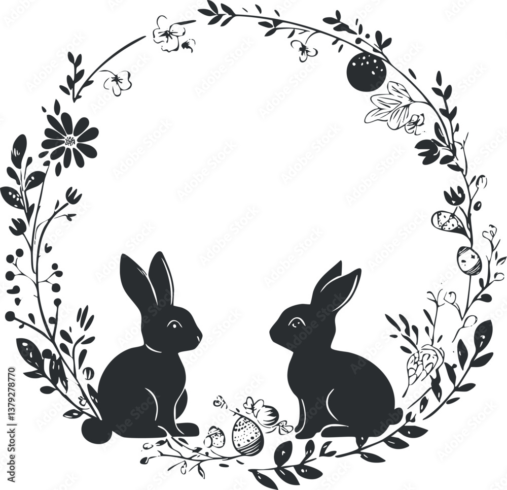 Fototapeta premium Silhouette of two rabbits surrounded by a decorative floral wreath in black and white.