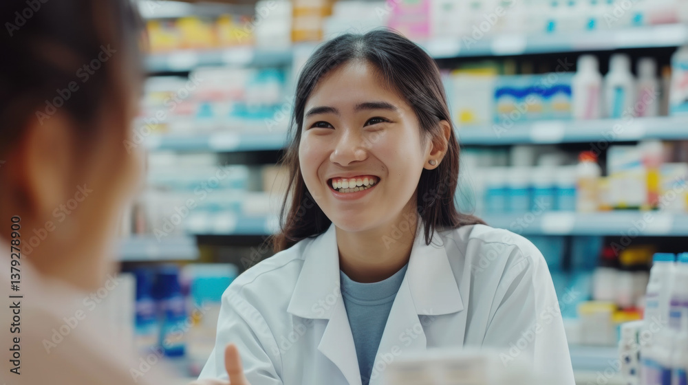 Friendly pharmacist or healthcare worker smiling while helping a customer in a well-stocked pharmacy, promoting health, medicine access, and customer care in retail health services Friendly pharmacist or healthcare worker smiling while helping a customer in a well-stocked pharmacy, promoting health, medicine access, and customer care in retail health services